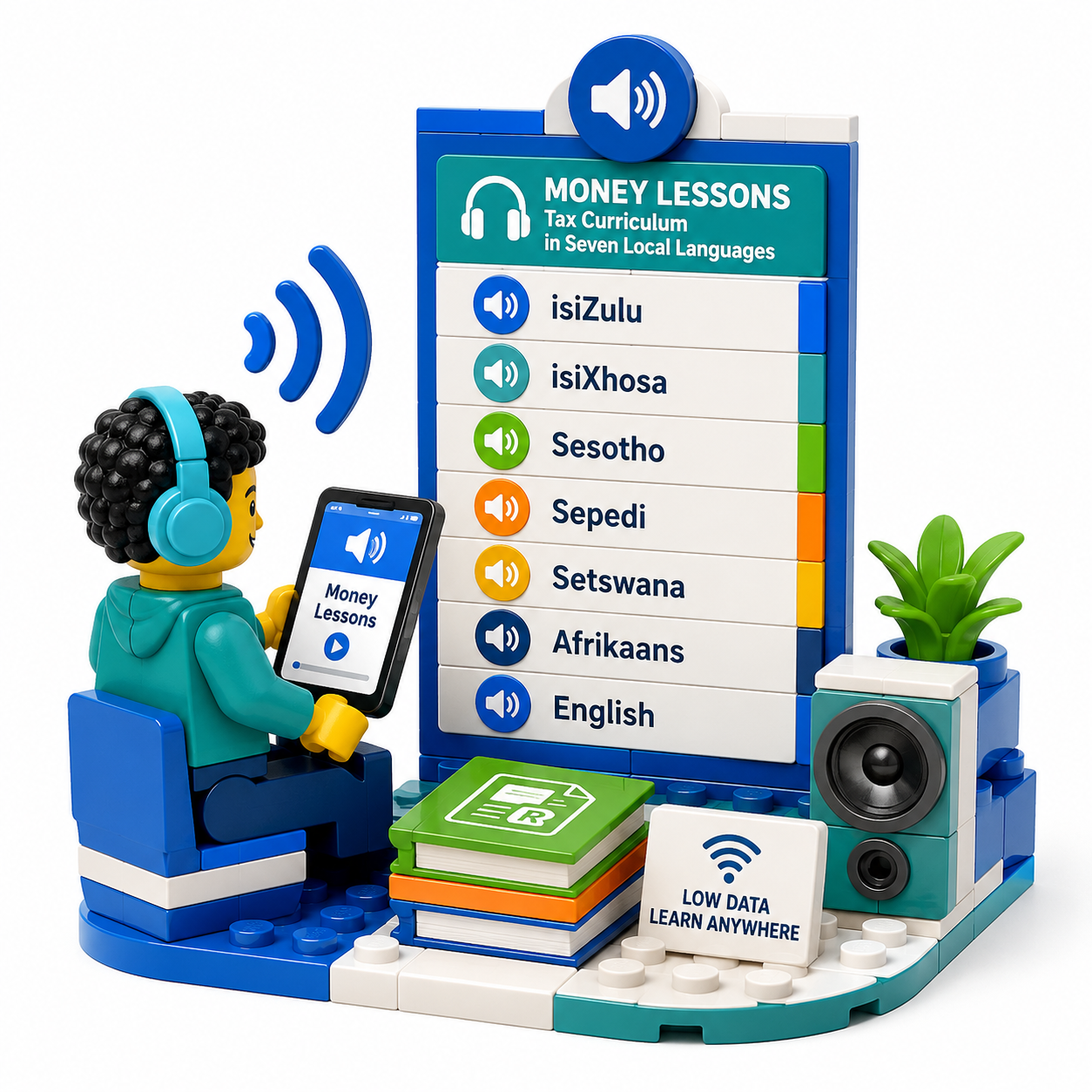 Money lessons audio player with seven South African languages and a low data badge