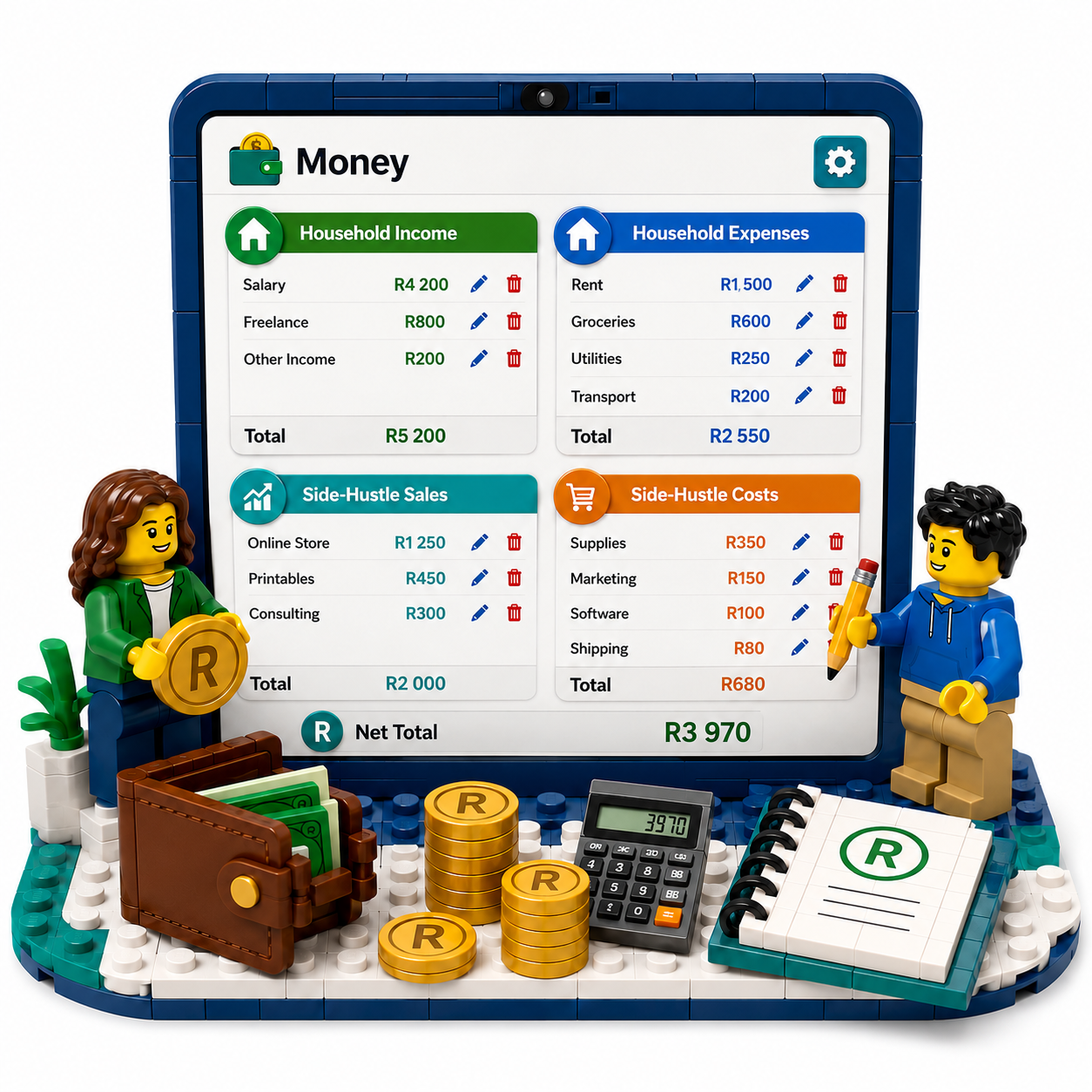 Money page showing household income, household expenses, side hustle sales and costs with a net total