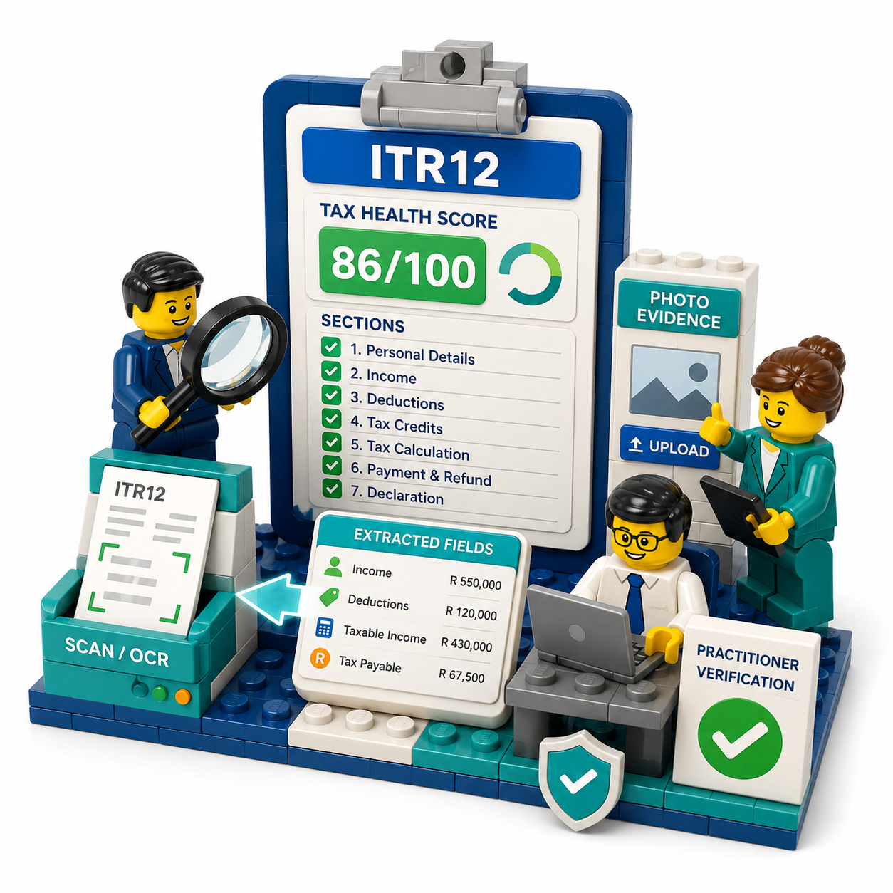 Tax Health score 86 out of 100 with sections, photo evidence upload and practitioner verification